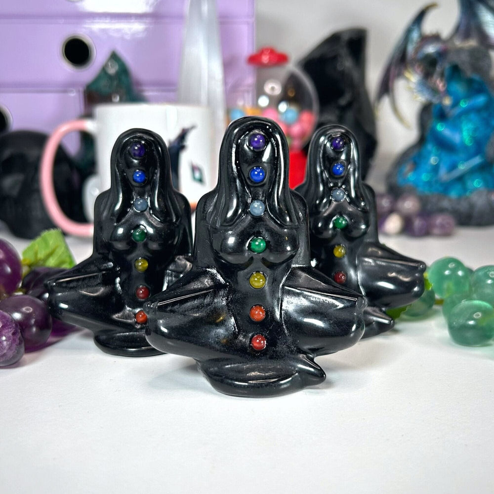 Black Obsidian Meditating Yoga Woman Carvings MagiCandleSOS 