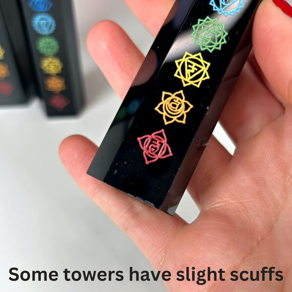 Black Obsidian Towers with Chakra Engravings Towers MagiCandleSOS 