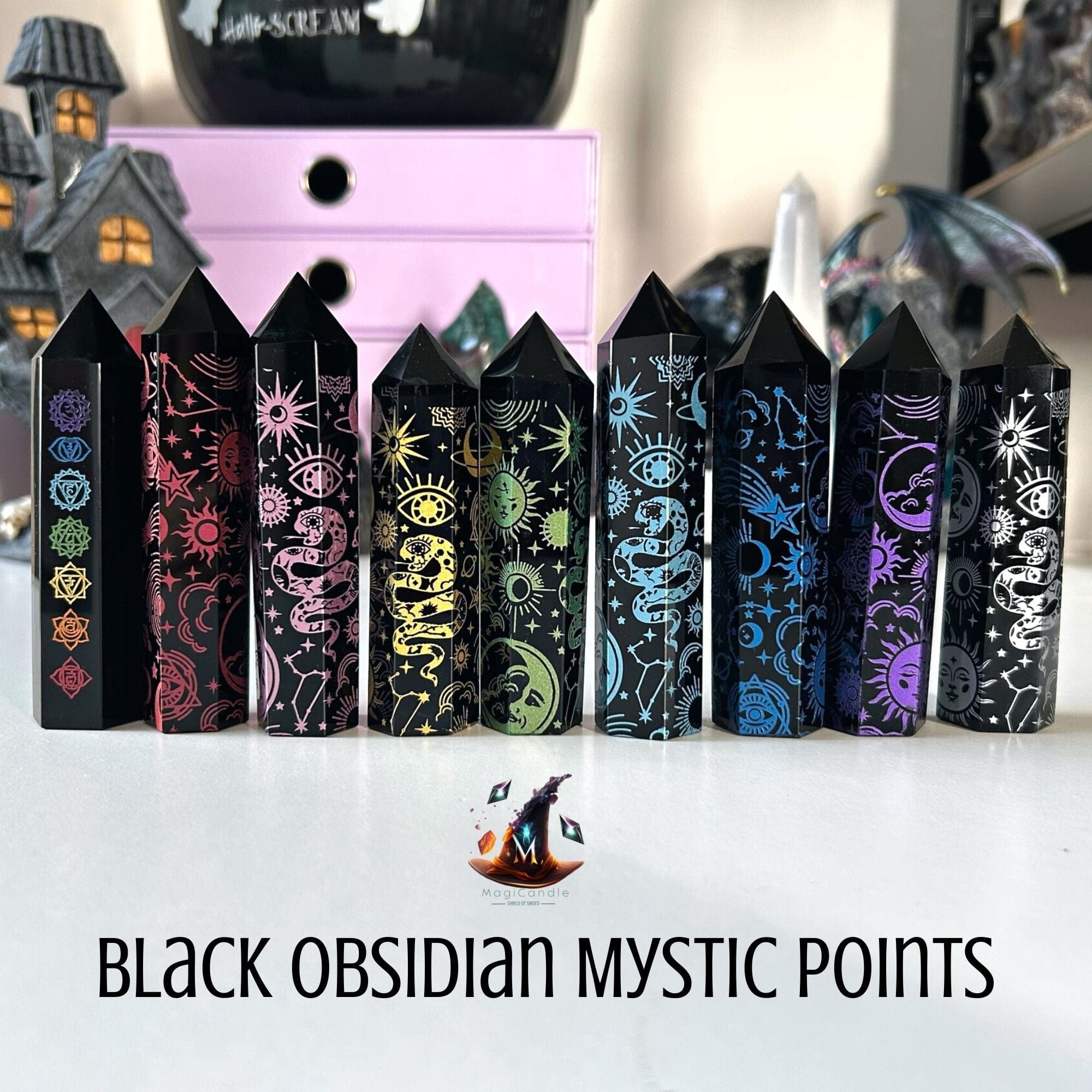 Black Obsidian Towers with Mystic Engravings Towers MagiCandleSOS 