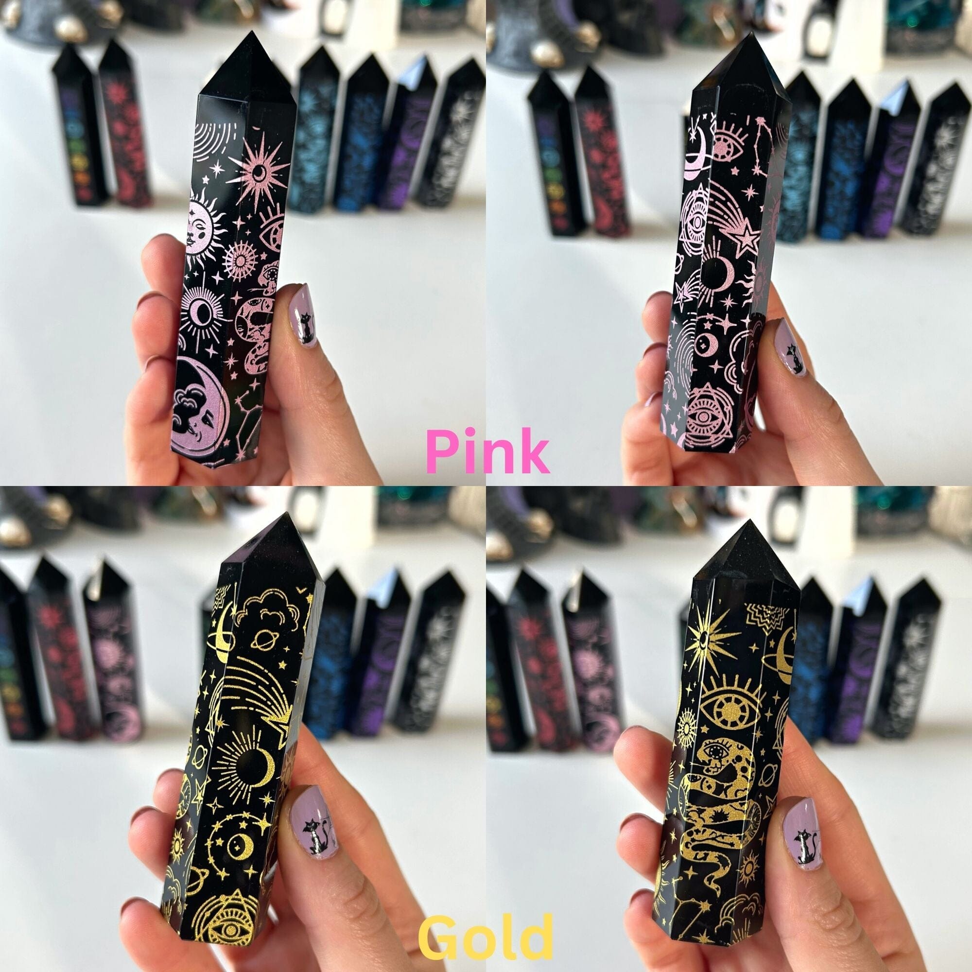 Black Obsidian Towers with Mystic Engravings Towers MagiCandleSOS Pink 