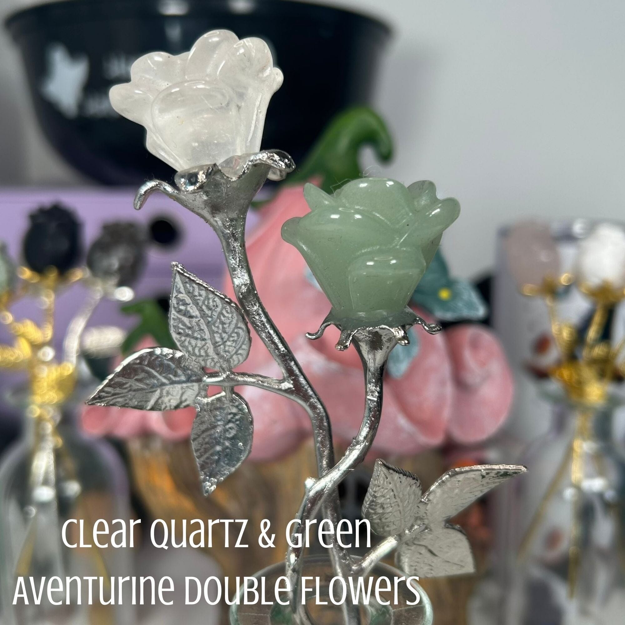 Crystal Stemmed Roses Carvings MagiCandleSOS Double Roses: Clear Quartz & Green Aventurine 