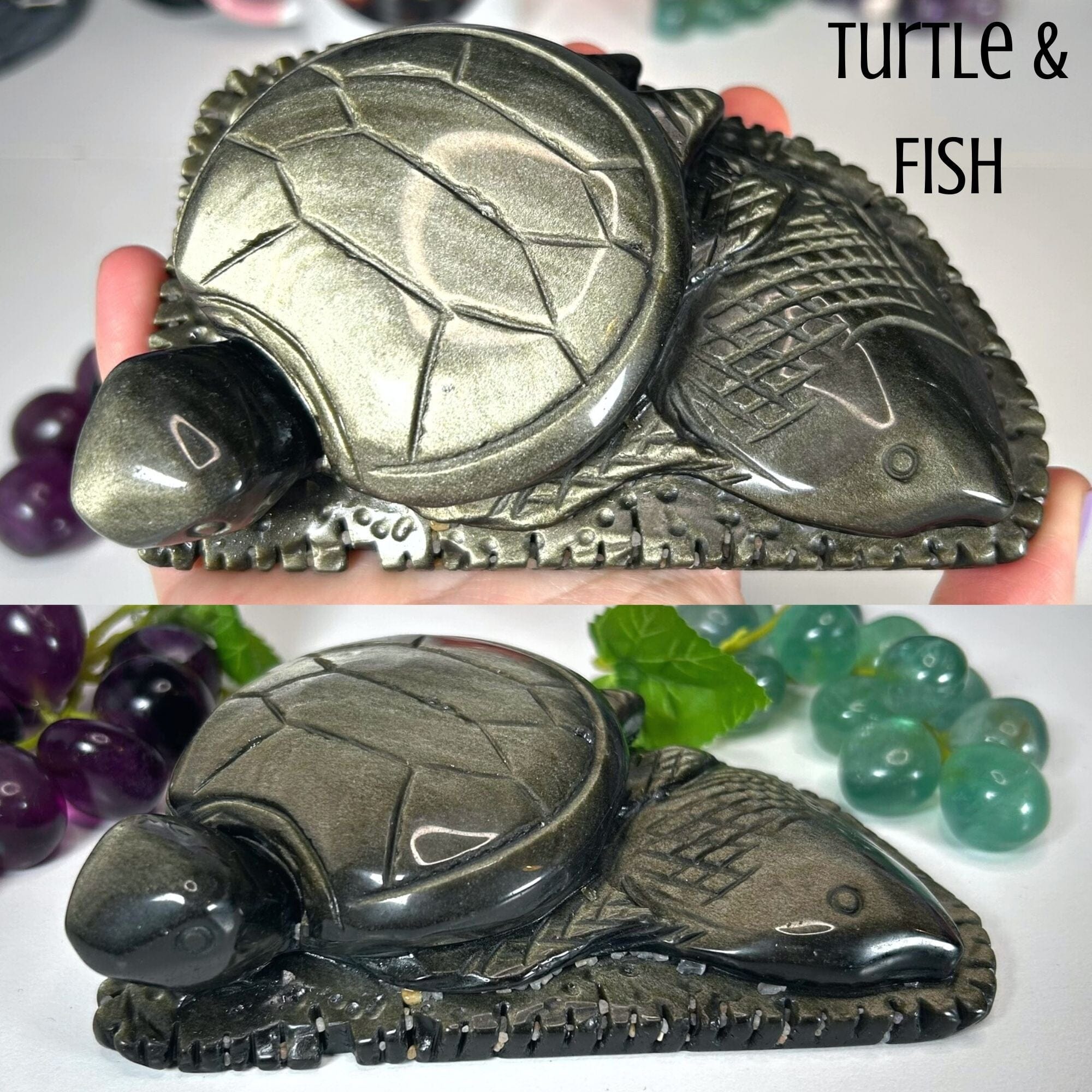 Gold Sheen Obsidian Sea Animals Carvings MagiCandleSOS Turtle & Fish 