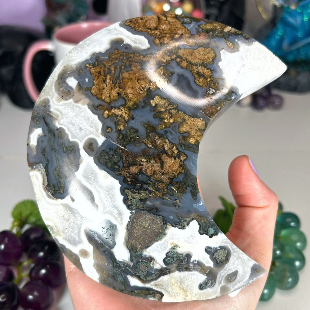 Large Moss Agate Moon Carvings MagiCandleSOS 