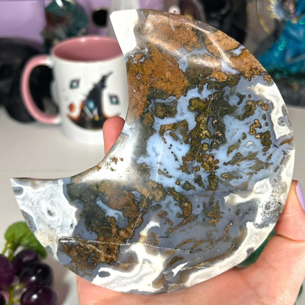 Large Moss Agate Moon Carvings MagiCandleSOS 