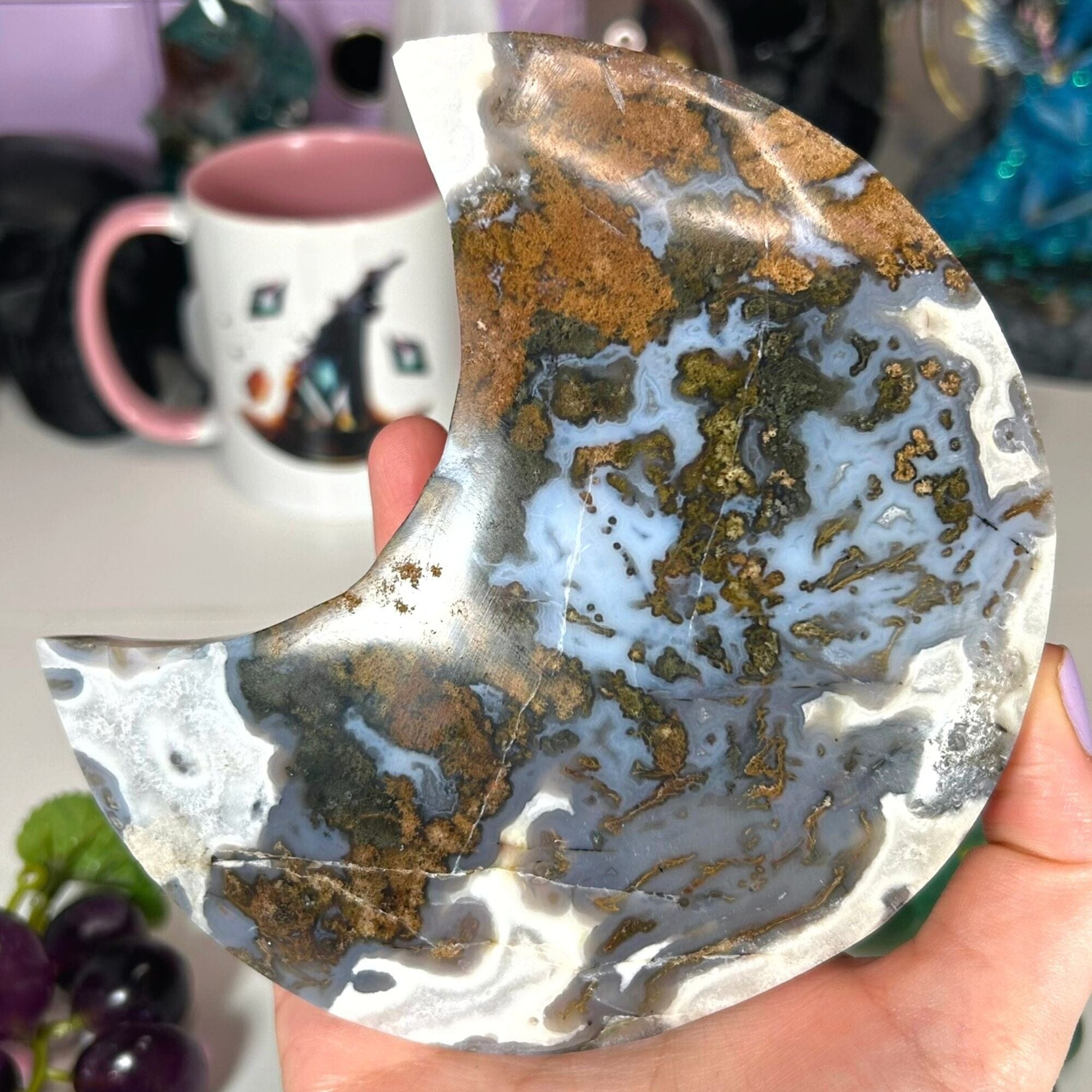 Large Moss Agate Moon Carvings MagiCandleSOS 