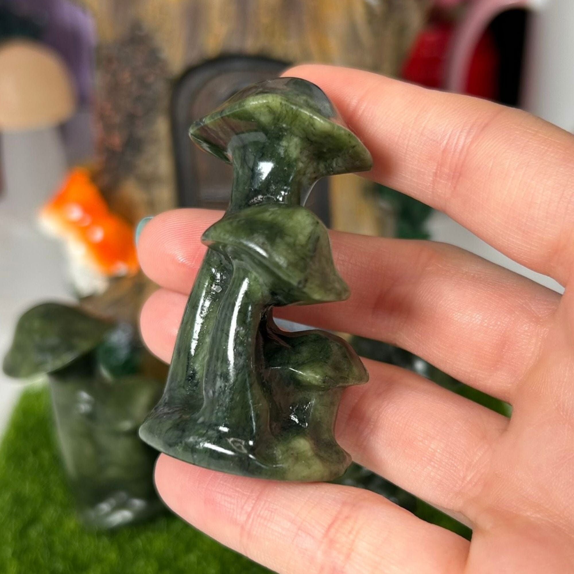 Nephrite Jade Triple Mushrooms Carvings MagiCandleSOS 