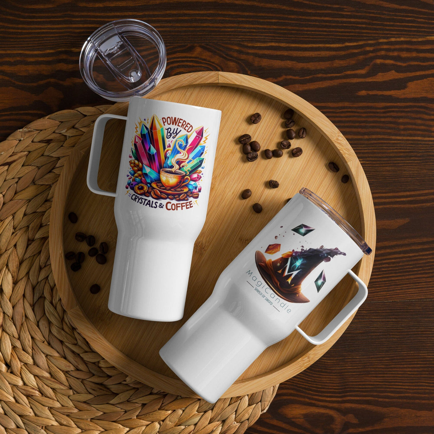 Powered by Crystals and Coffee Travel mug with a handle MagiCandleSOS 