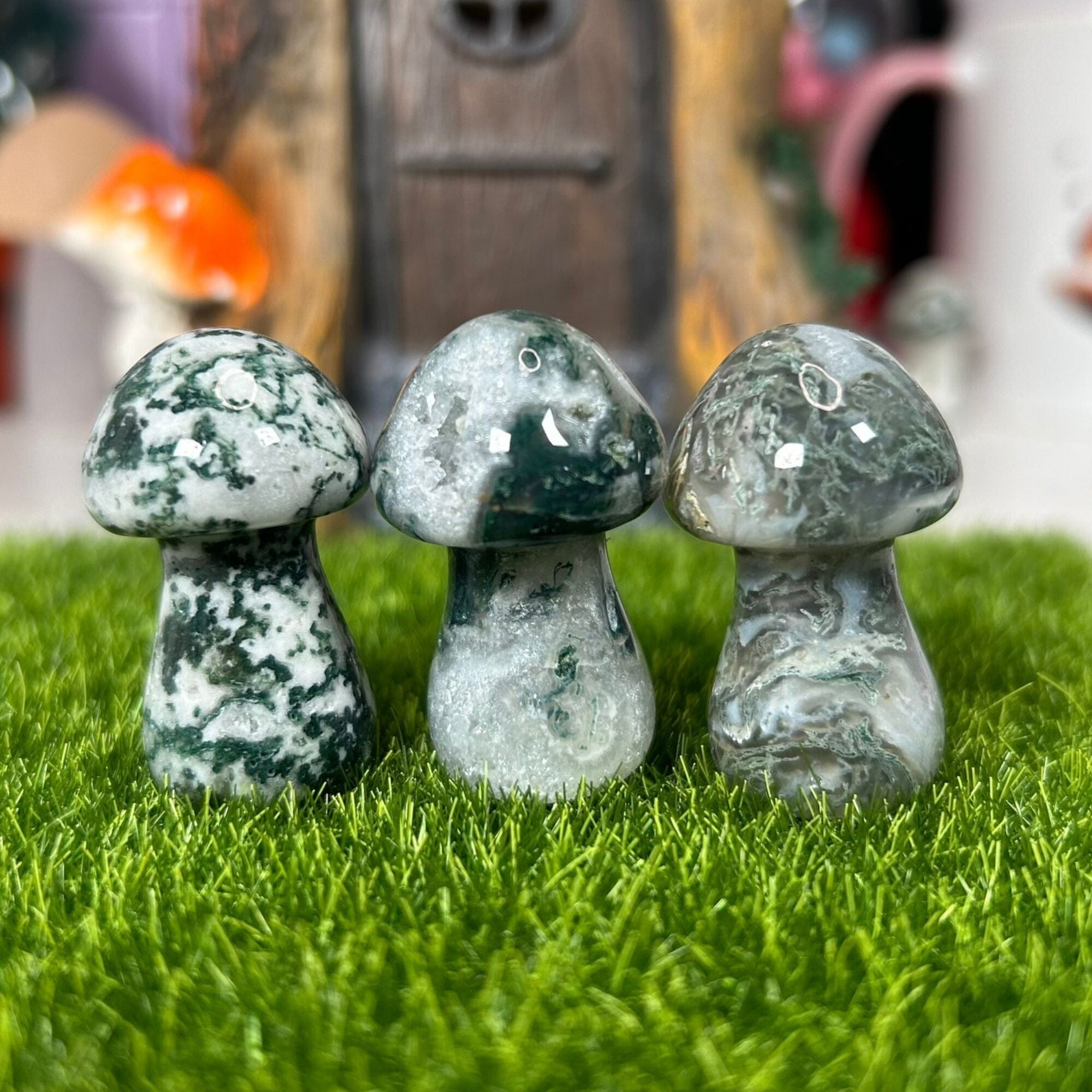 Triple Pack Large Mushrooms - Moss Agate|Crazy Lace Agate|Fluorite Carvings MagiCandleSOS 