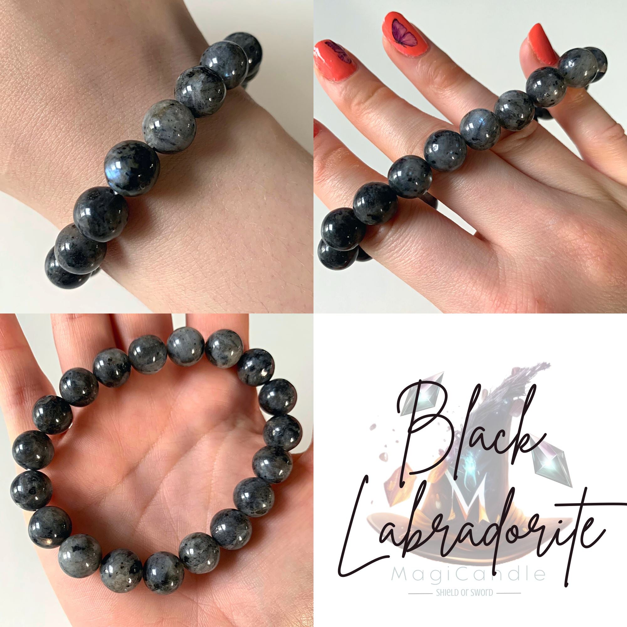 8mm Bead Crystal Bracelet MagiCandleSOS Black Labradorite 